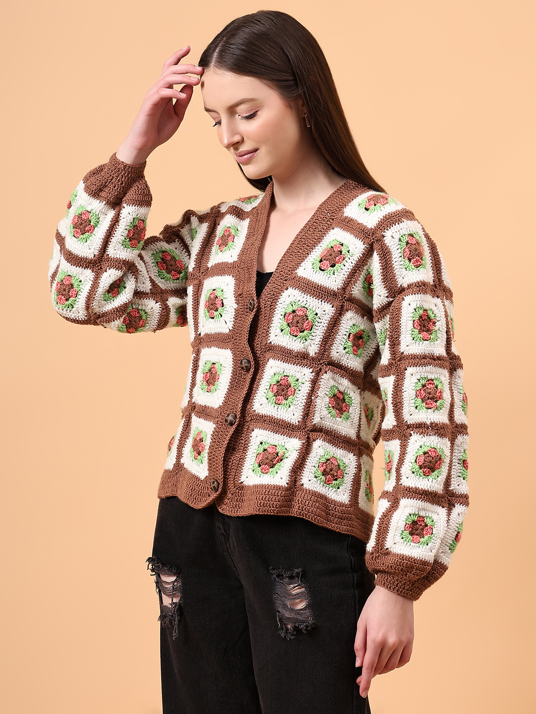 Floral V-Neck Cardigan - Brown