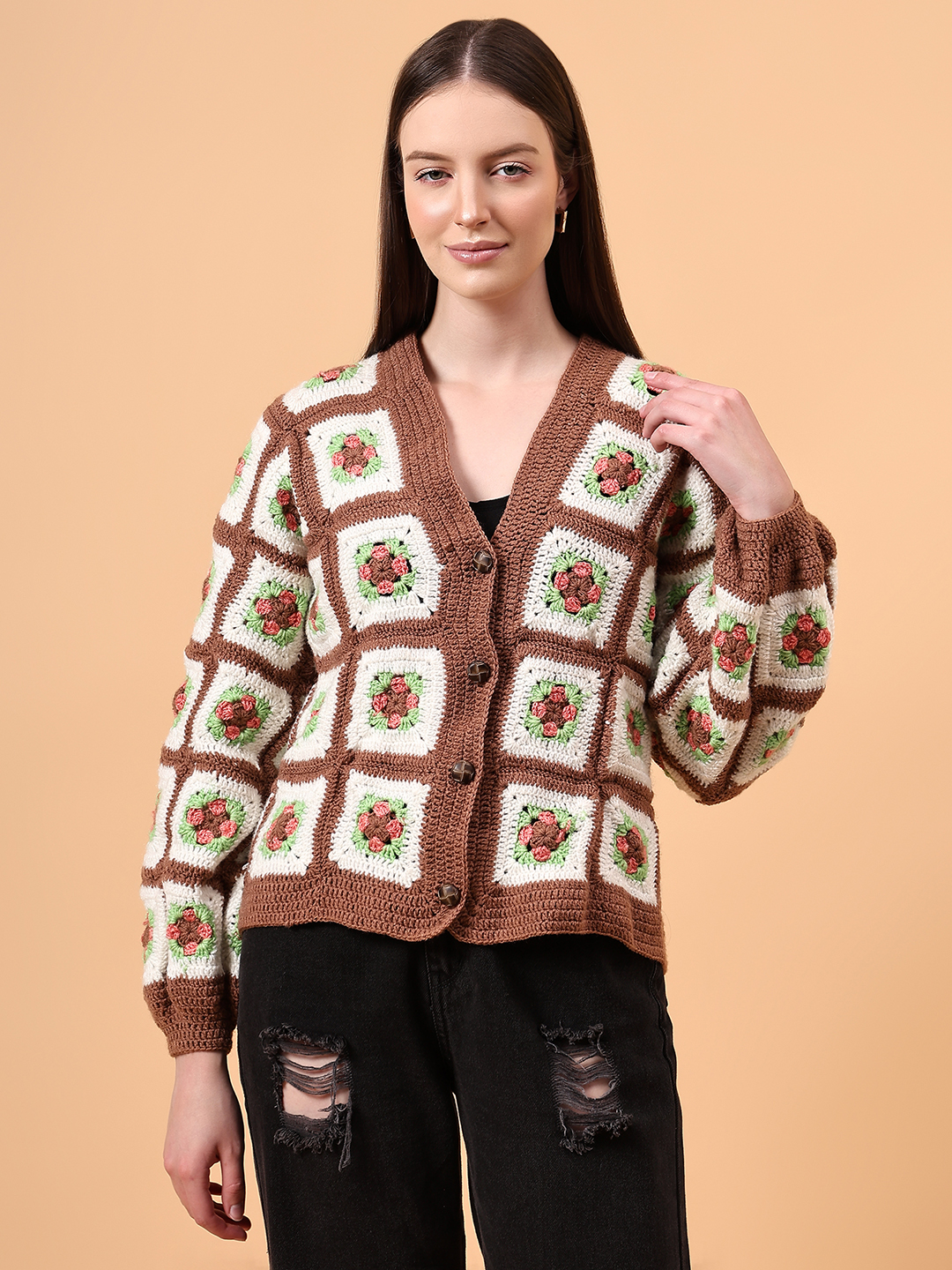 Floral V-Neck Cardigan - Brown