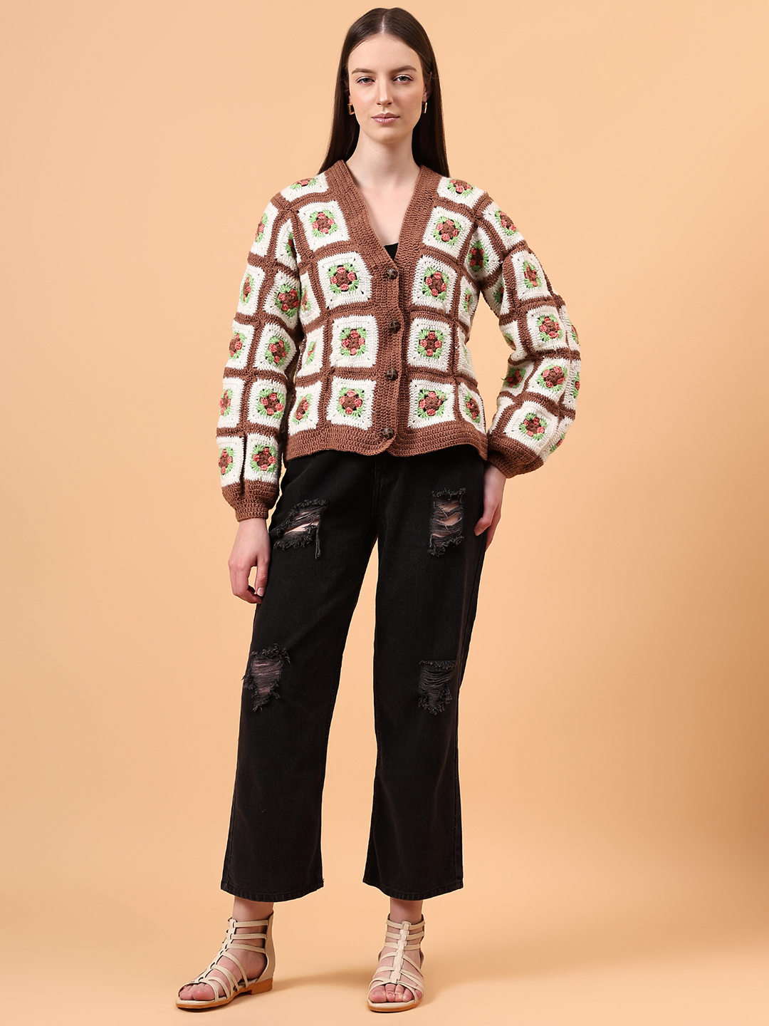 Floral V-Neck Cardigan - Brown