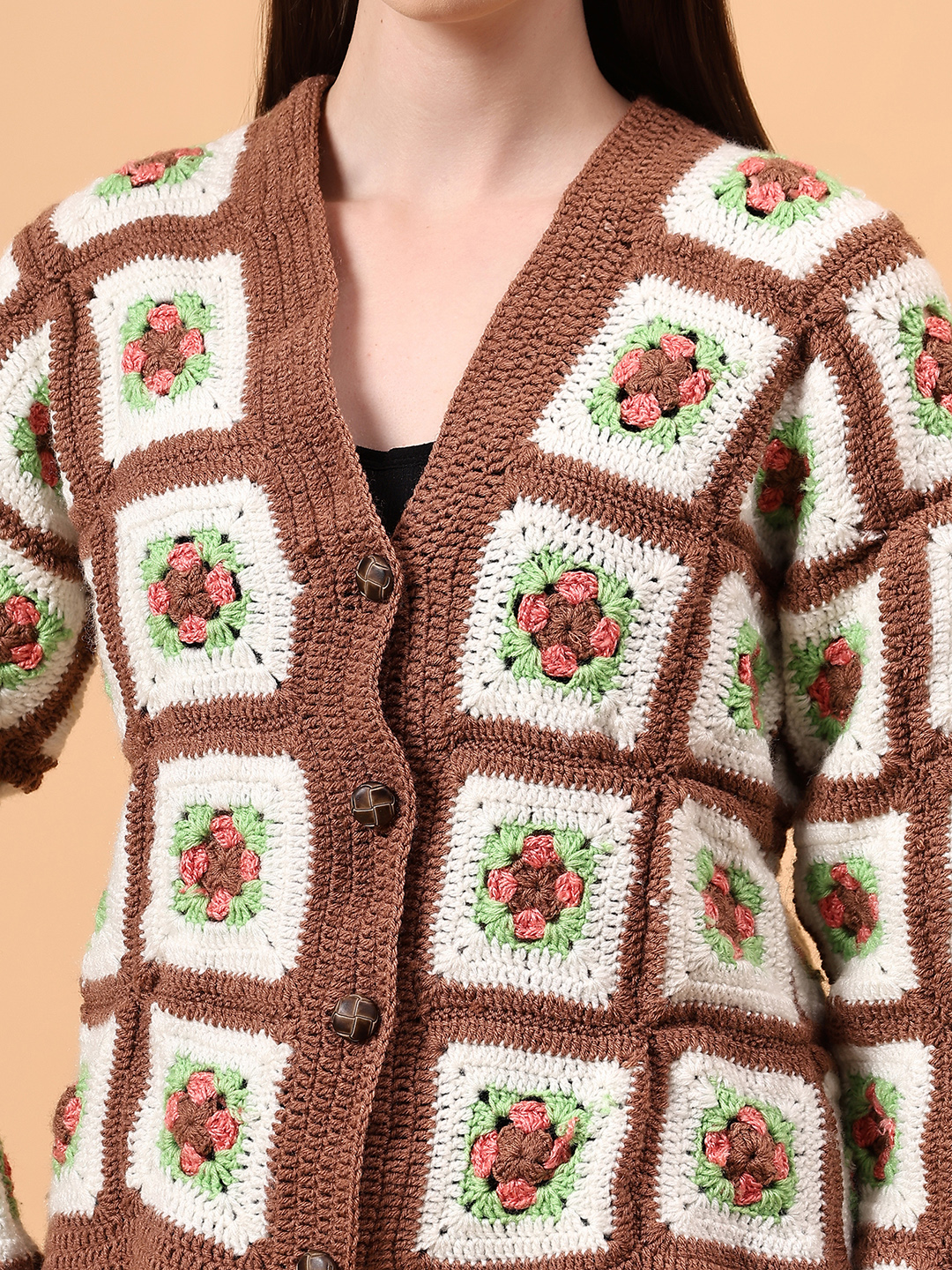 Floral V-Neck Cardigan - Brown
