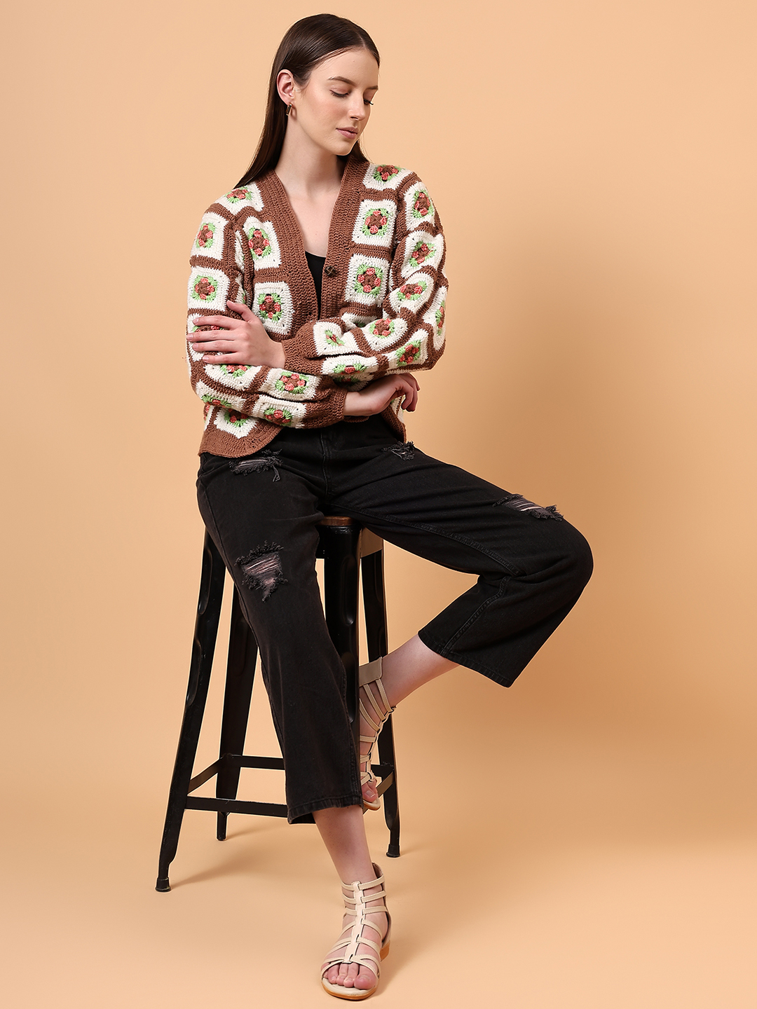 Floral V-Neck Cardigan - Brown