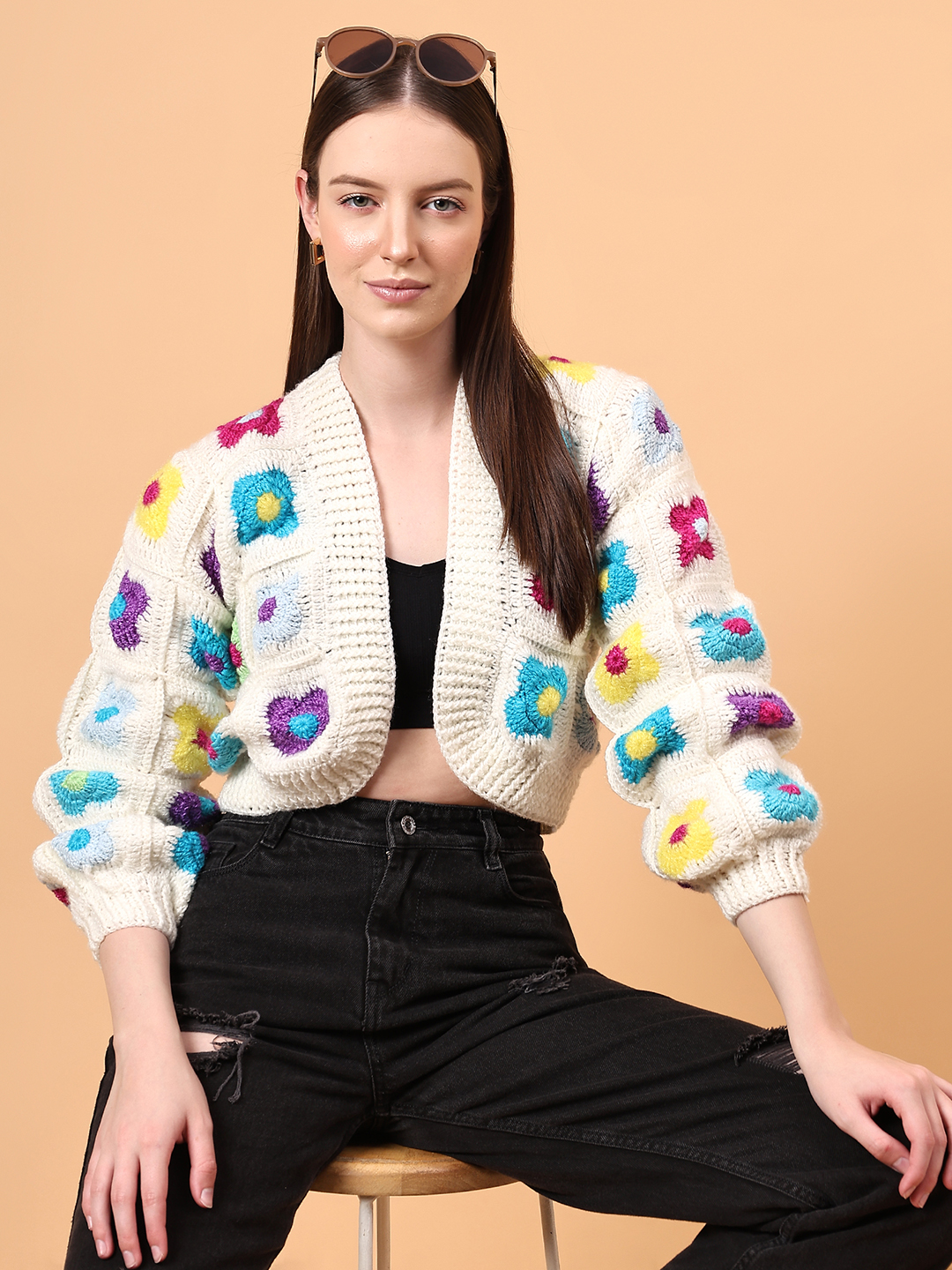 Multicolor Granny Square Floral V-Neck Cardigan