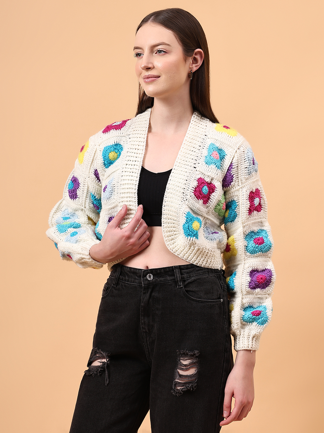 Multicolor Granny Square Floral V-Neck Cardigan