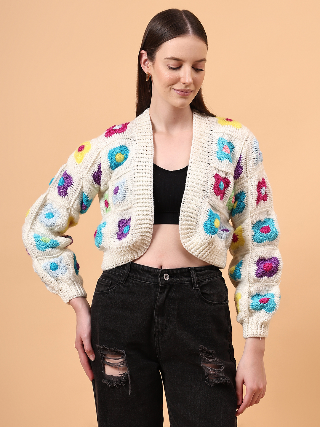 Multicolor Granny Square Floral V-Neck Cardigan