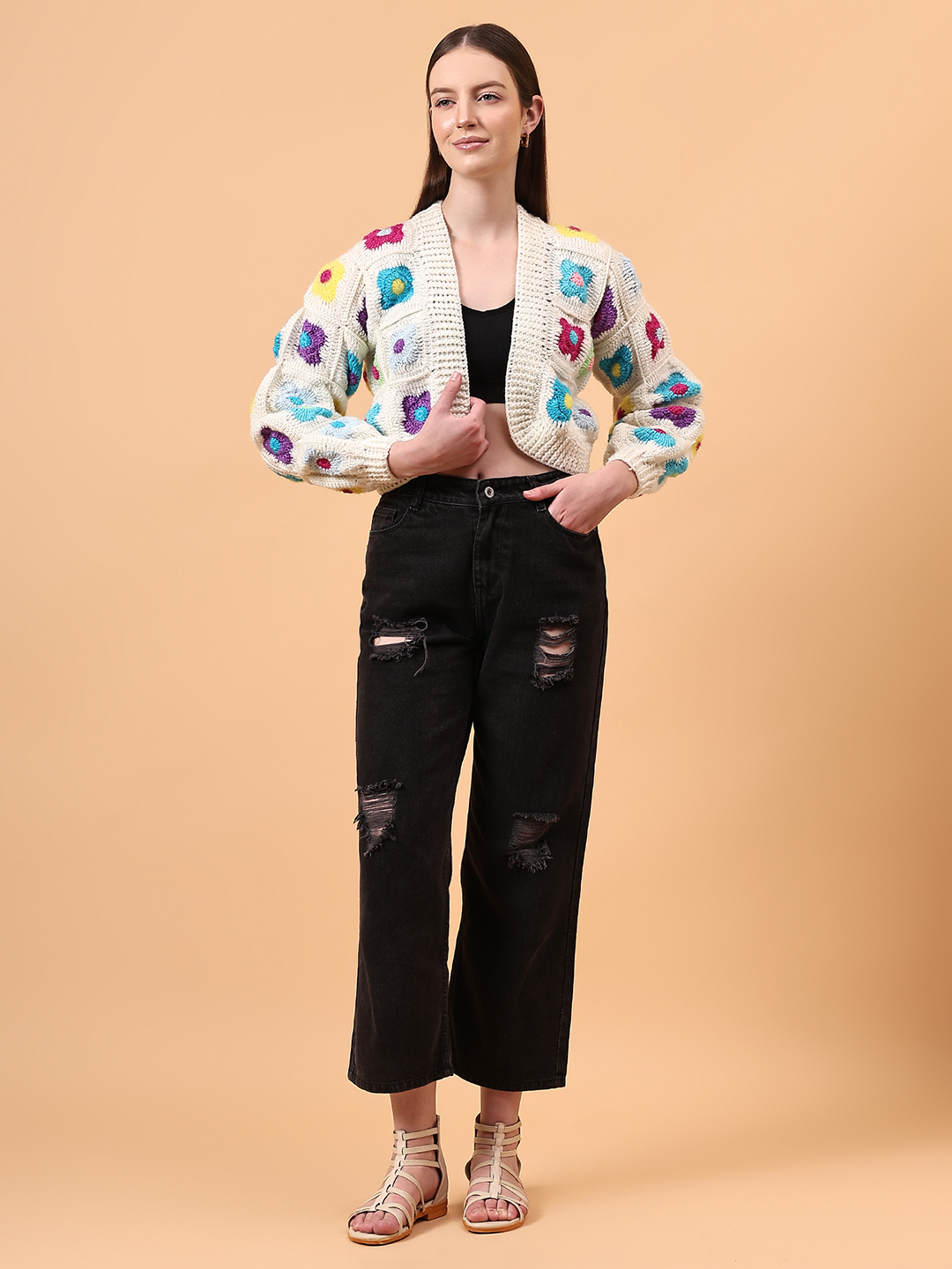 Multicolor Granny Square Floral V-Neck Cardigan