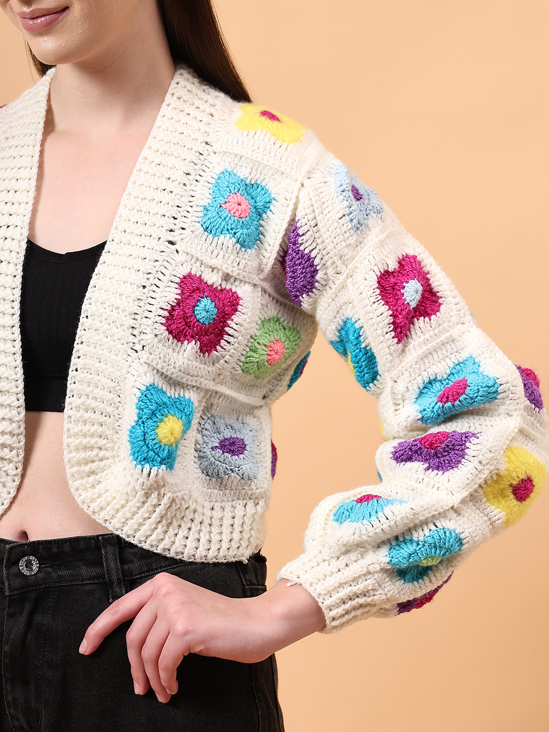 Multicolor Granny Square Floral V-Neck Cardigan