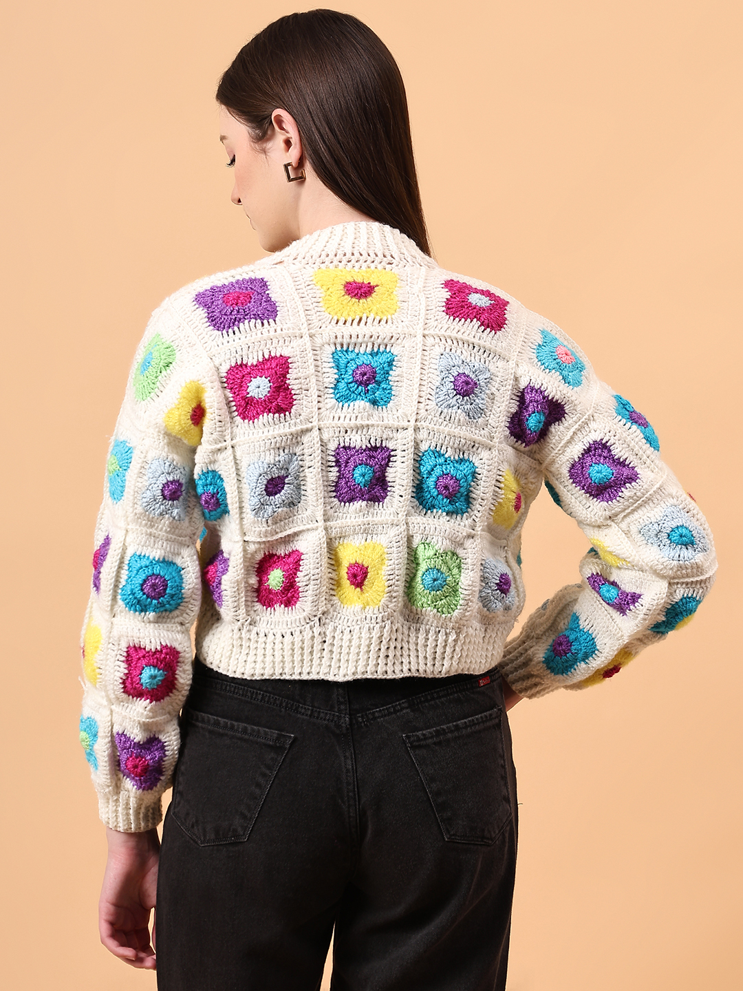 Multicolor Granny Square Floral V-Neck Cardigan