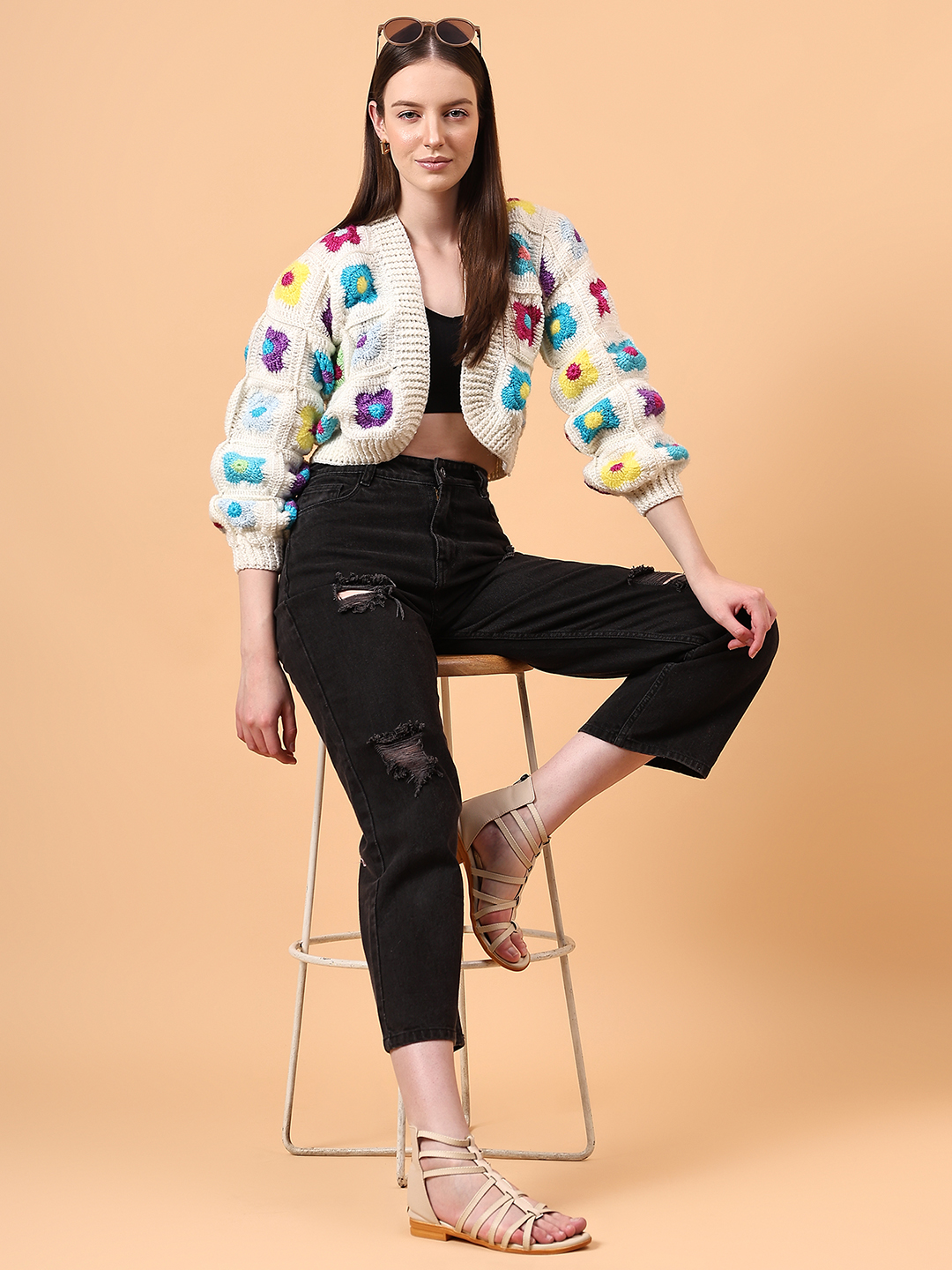 Multicolor Granny Square Floral V-Neck Cardigan