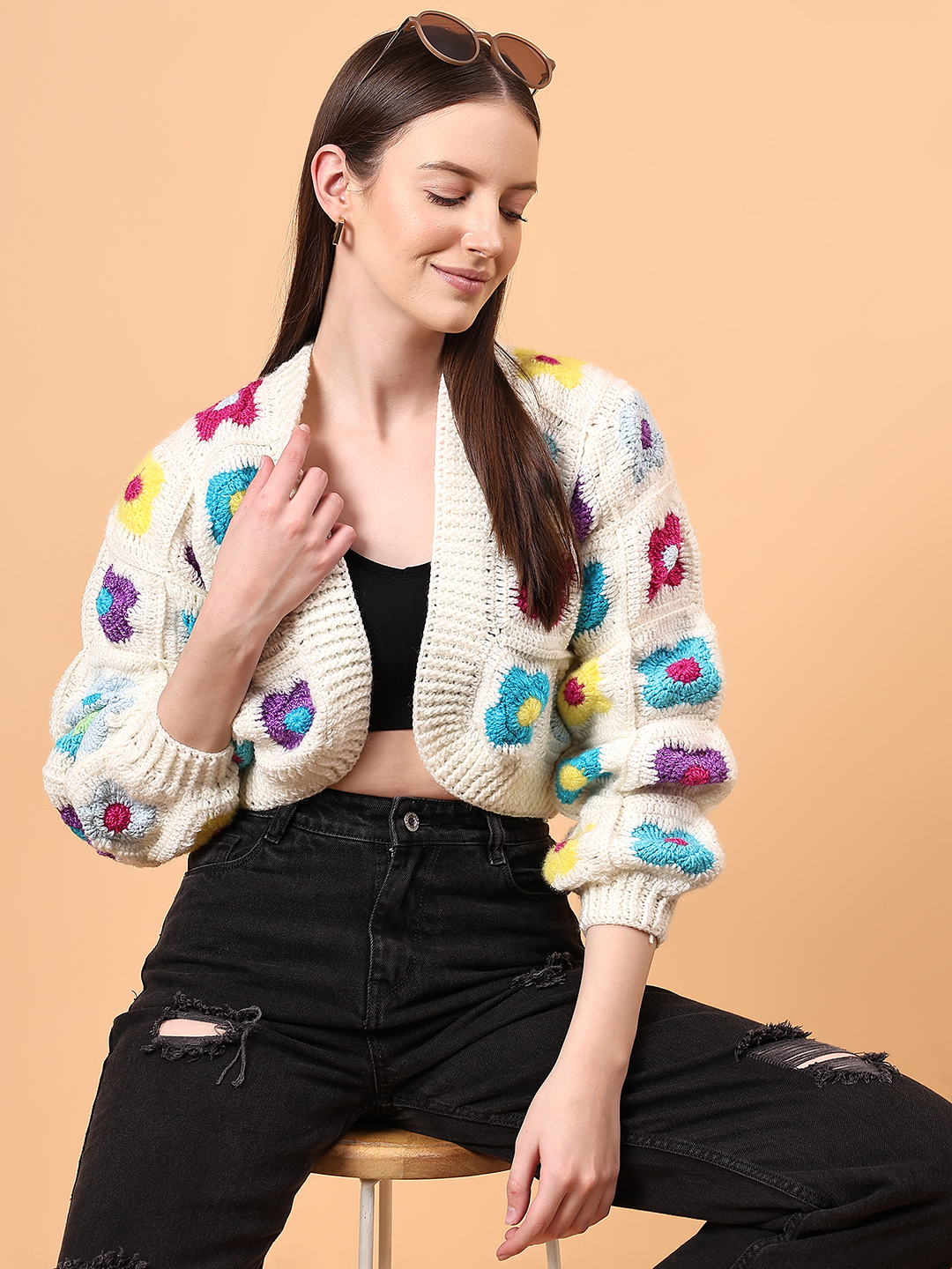 Multicolor Granny Square Floral V-Neck Cardigan