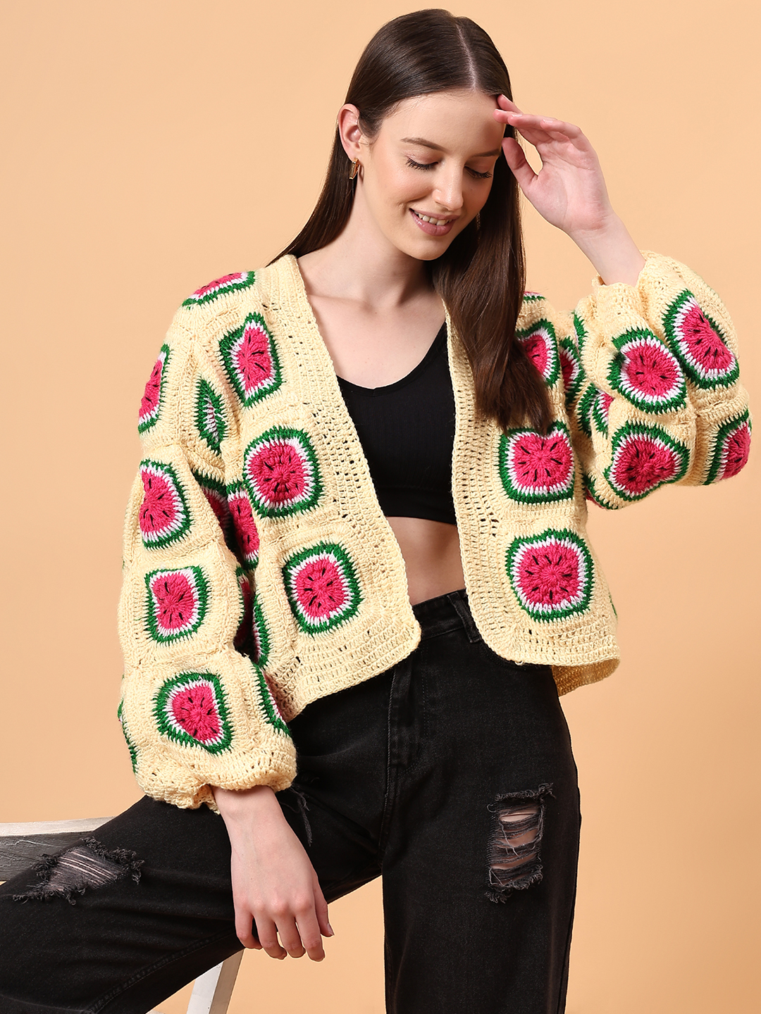 Watermelon Crochet Oversized Cardigan - Yellow