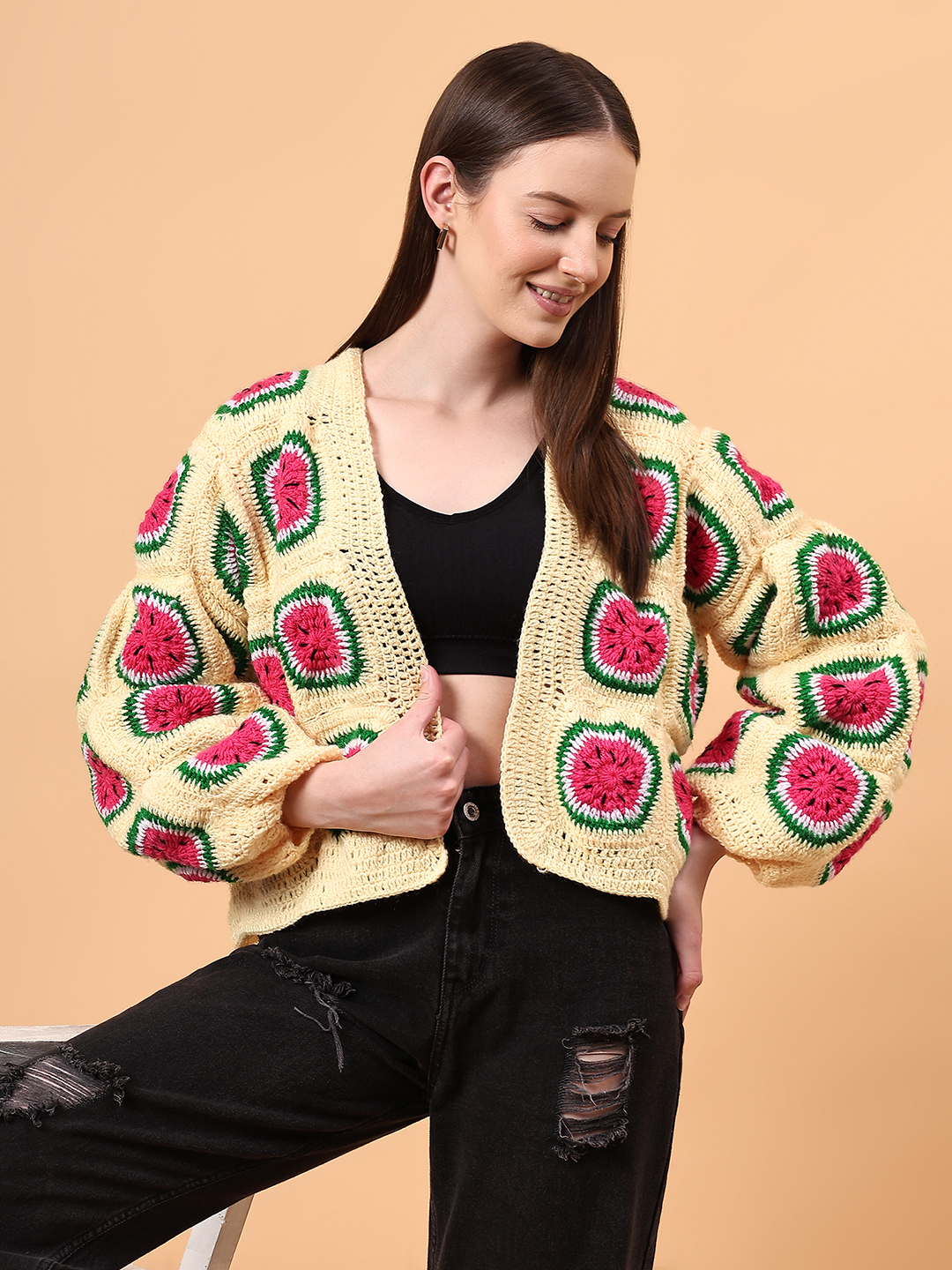 Watermelon Crochet Oversized Cardigan - Yellow