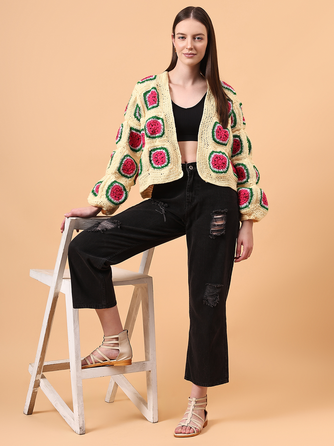 Watermelon Crochet Oversized Cardigan - Yellow