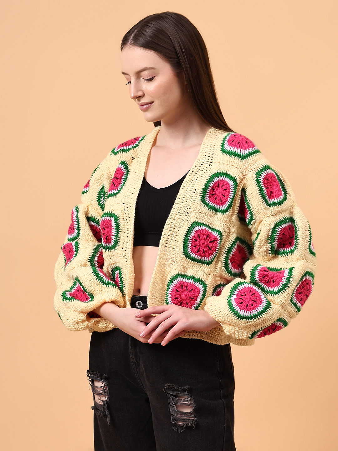 Watermelon Crochet Oversized Cardigan - Yellow