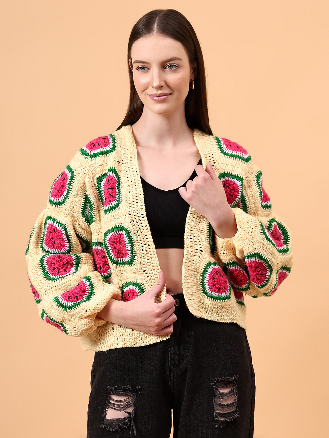 Watermelon Crochet Oversized Cardigan - Yellow