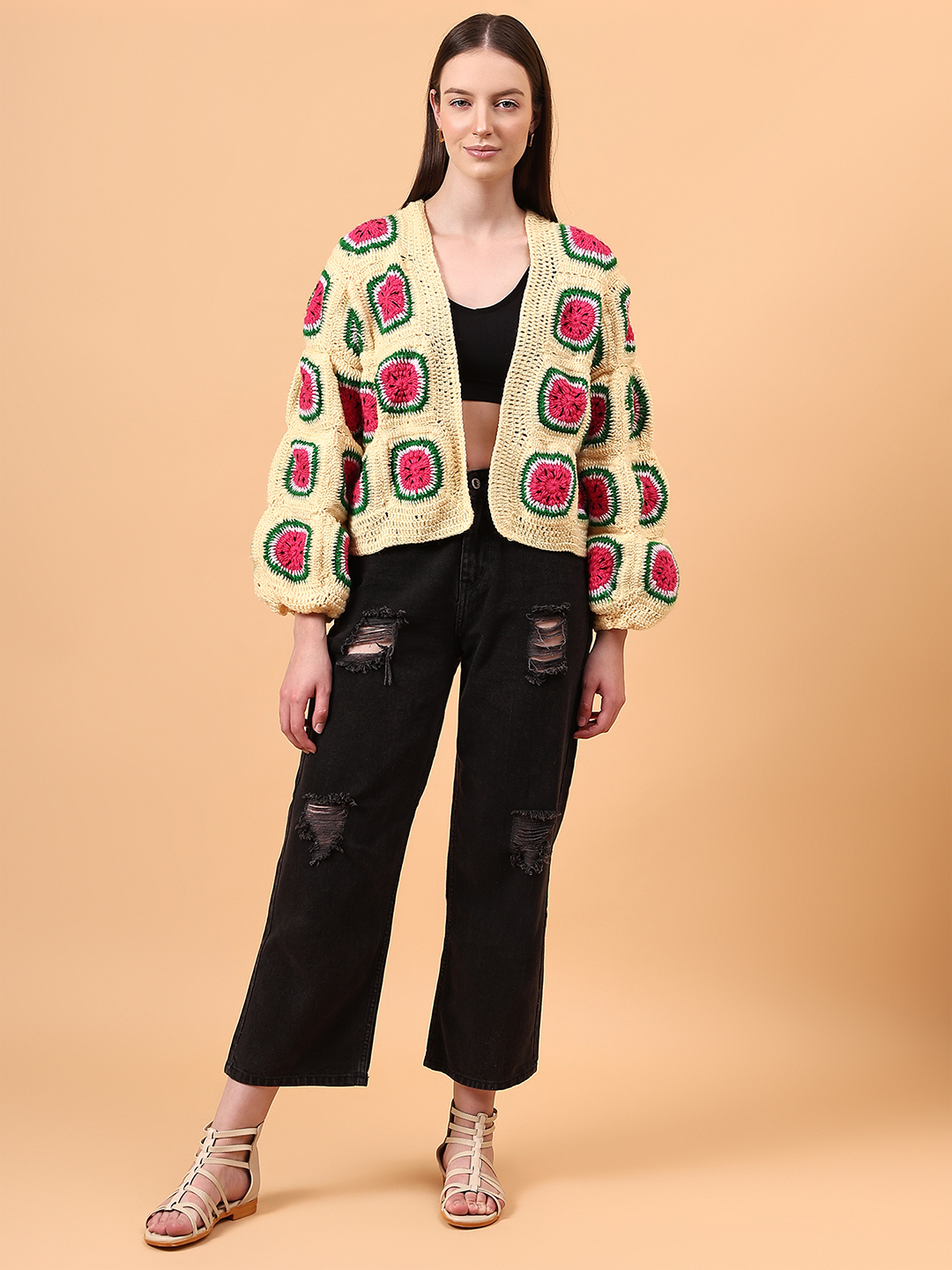 Watermelon Crochet Oversized Cardigan - Yellow