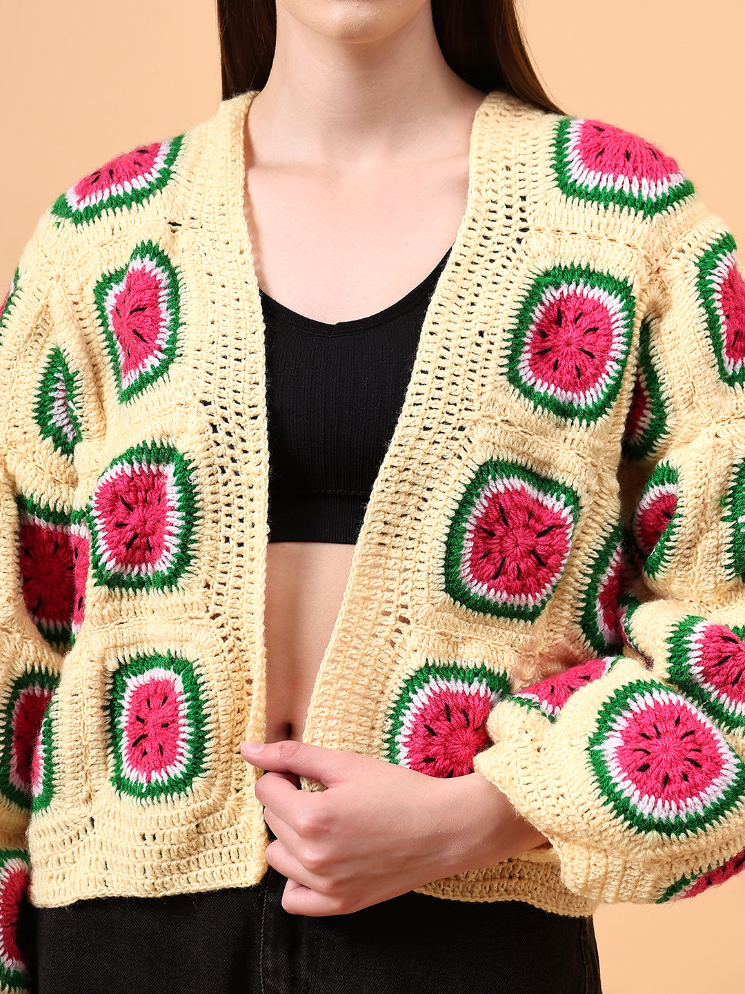 Watermelon Crochet Oversized Cardigan - Yellow
