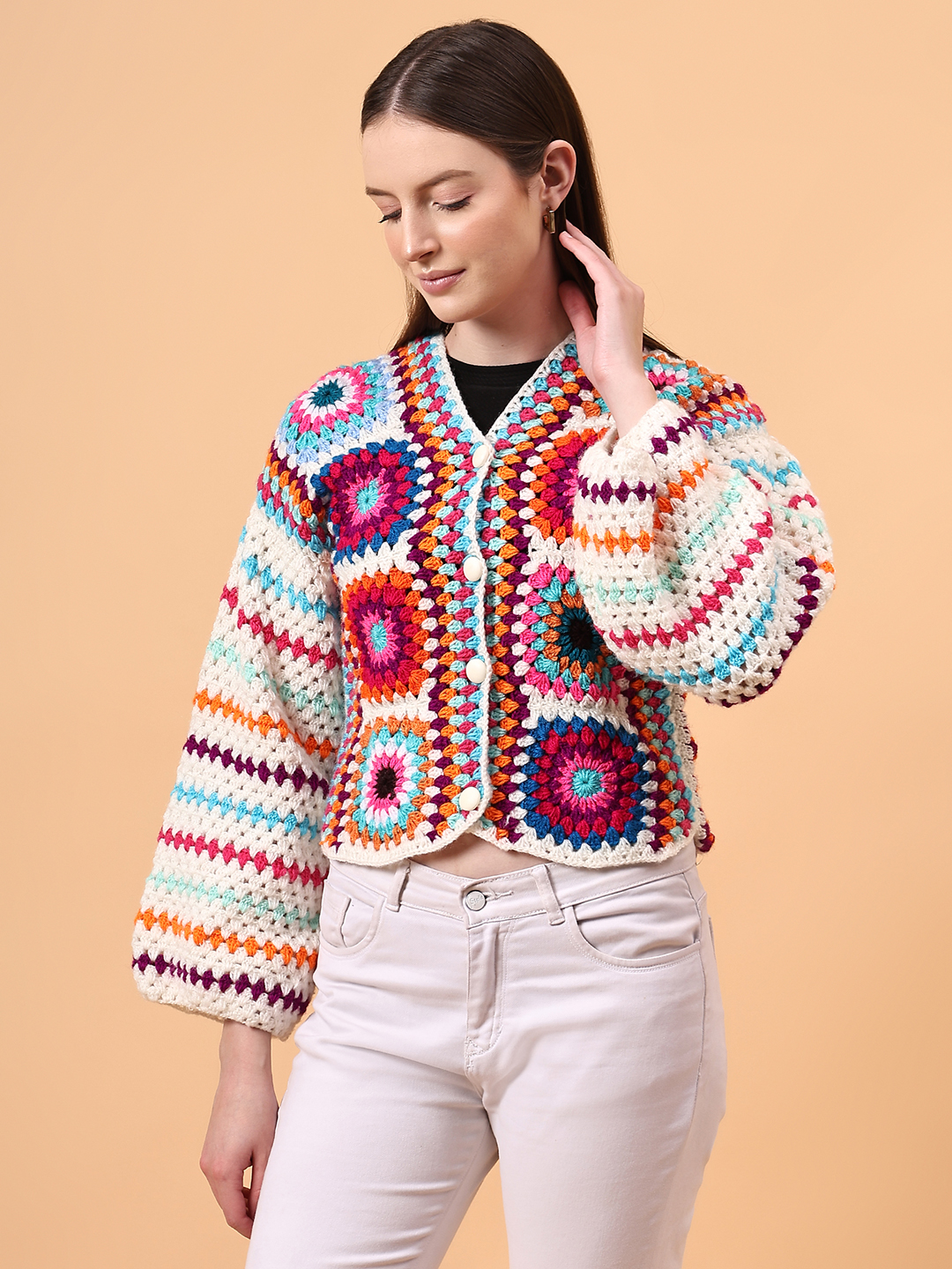 Motif Design Crochet Cardigan - Multi