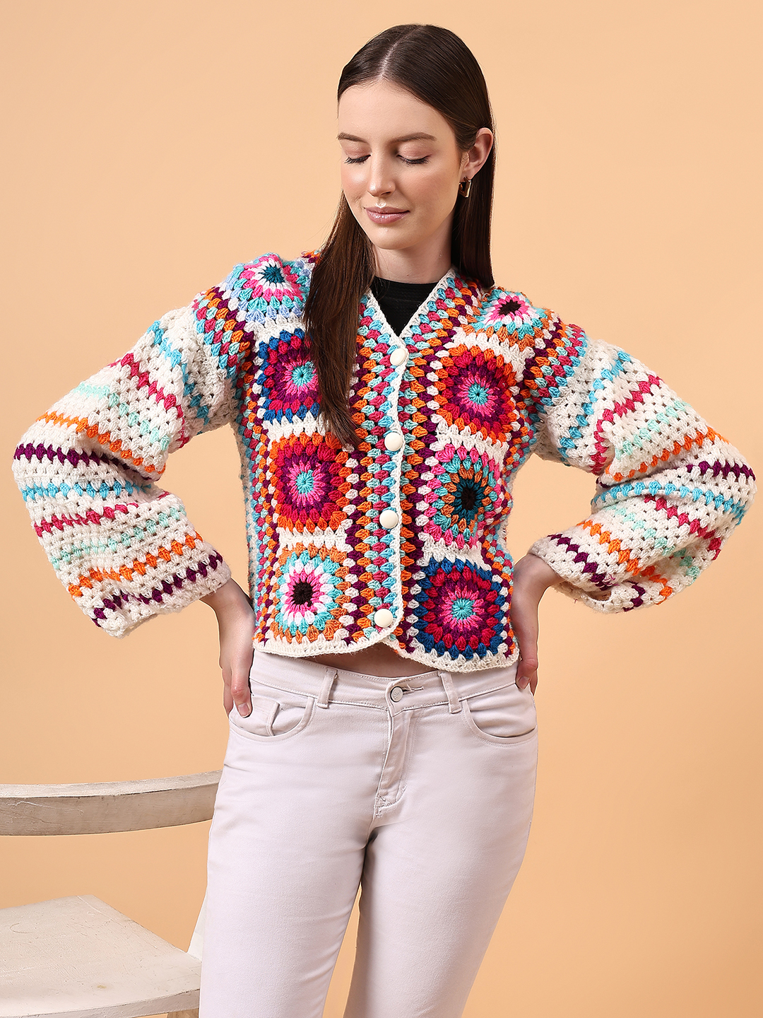 Motif Design Crochet Cardigan - Multi