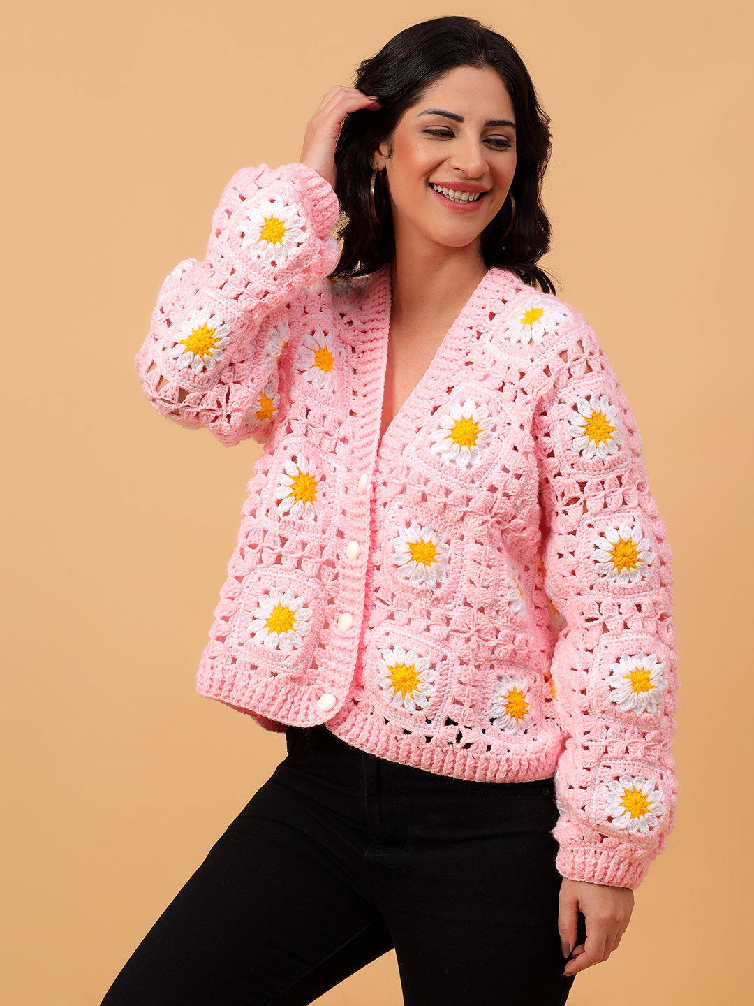 Daisy Floral Crochet V-Neck Cardigan - Pink