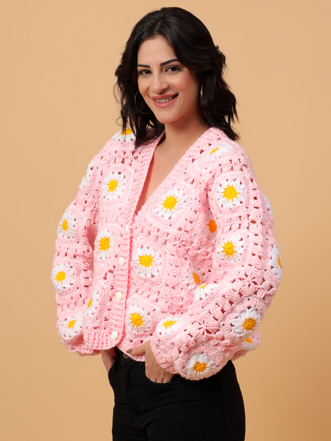Daisy Floral Crochet V-Neck Cardigan - Pink