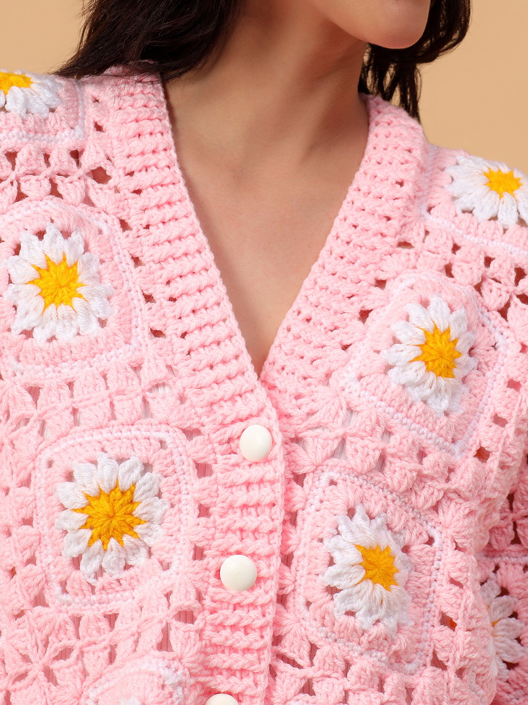 Daisy Floral Crochet V-Neck Cardigan - Pink