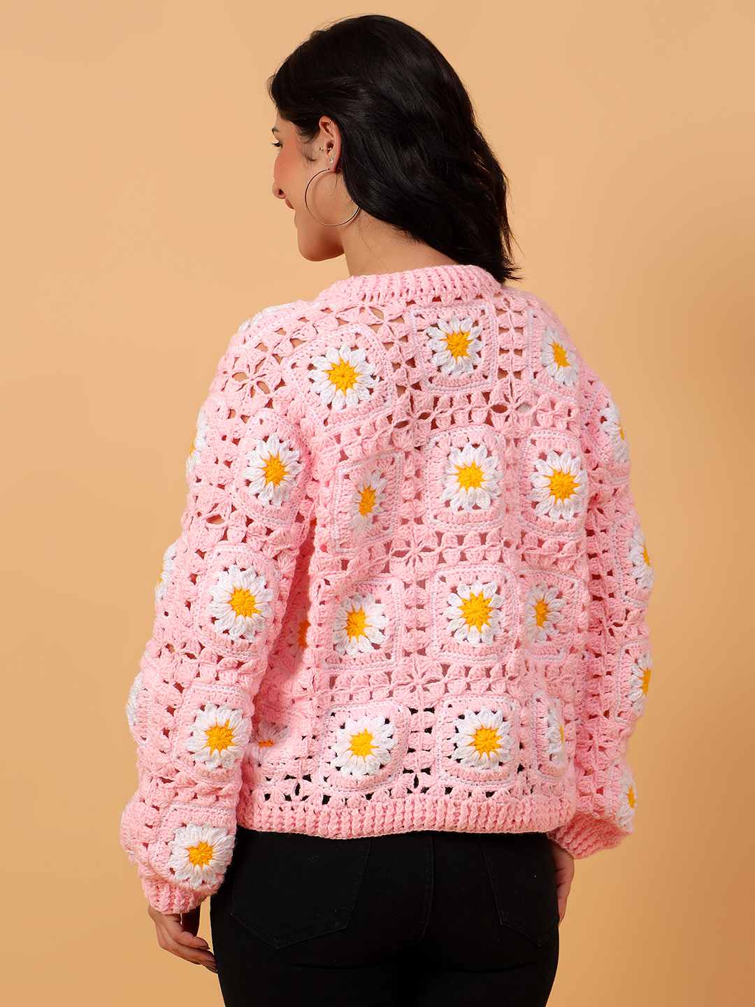 Daisy Floral Crochet V-Neck Cardigan - Pink