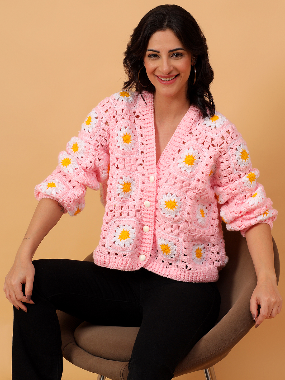 Daisy Floral Crochet V-Neck Cardigan - Pink