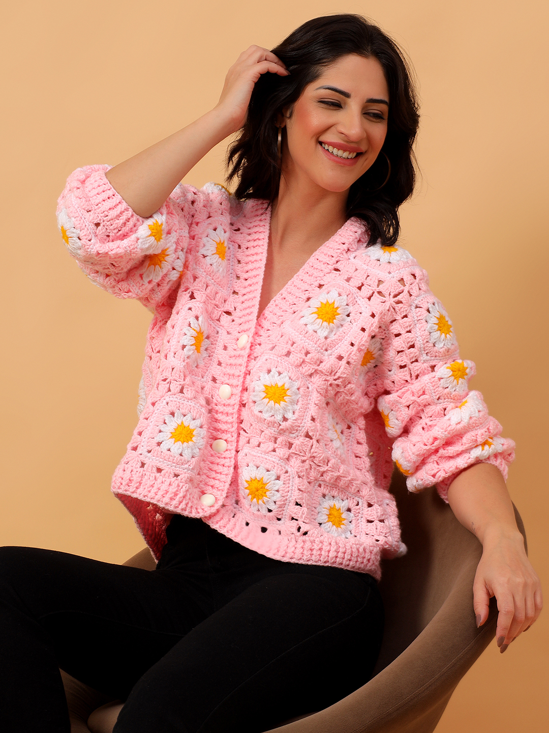 Daisy Floral Crochet V-Neck Cardigan - Pink