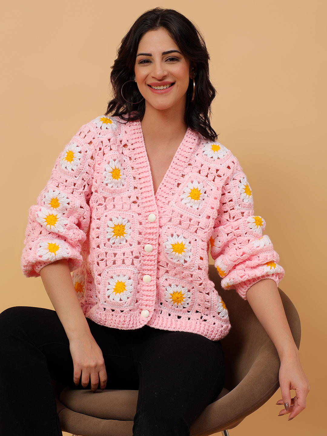 Daisy Floral Crochet V-Neck Cardigan - Pink