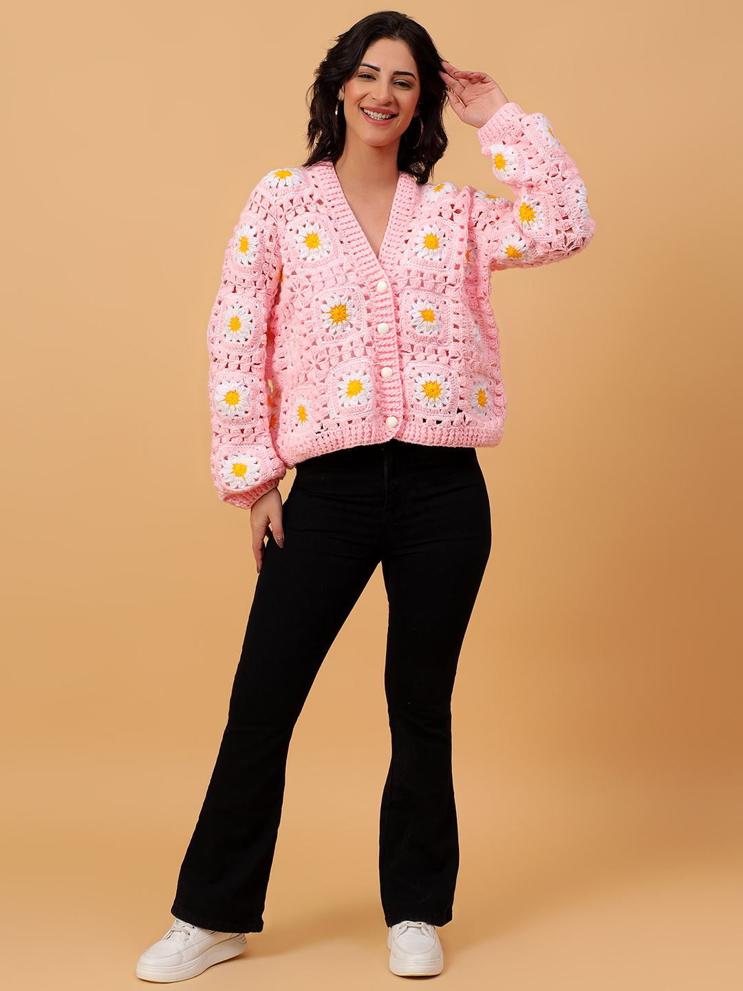 Daisy Floral Crochet V-Neck Cardigan - Pink