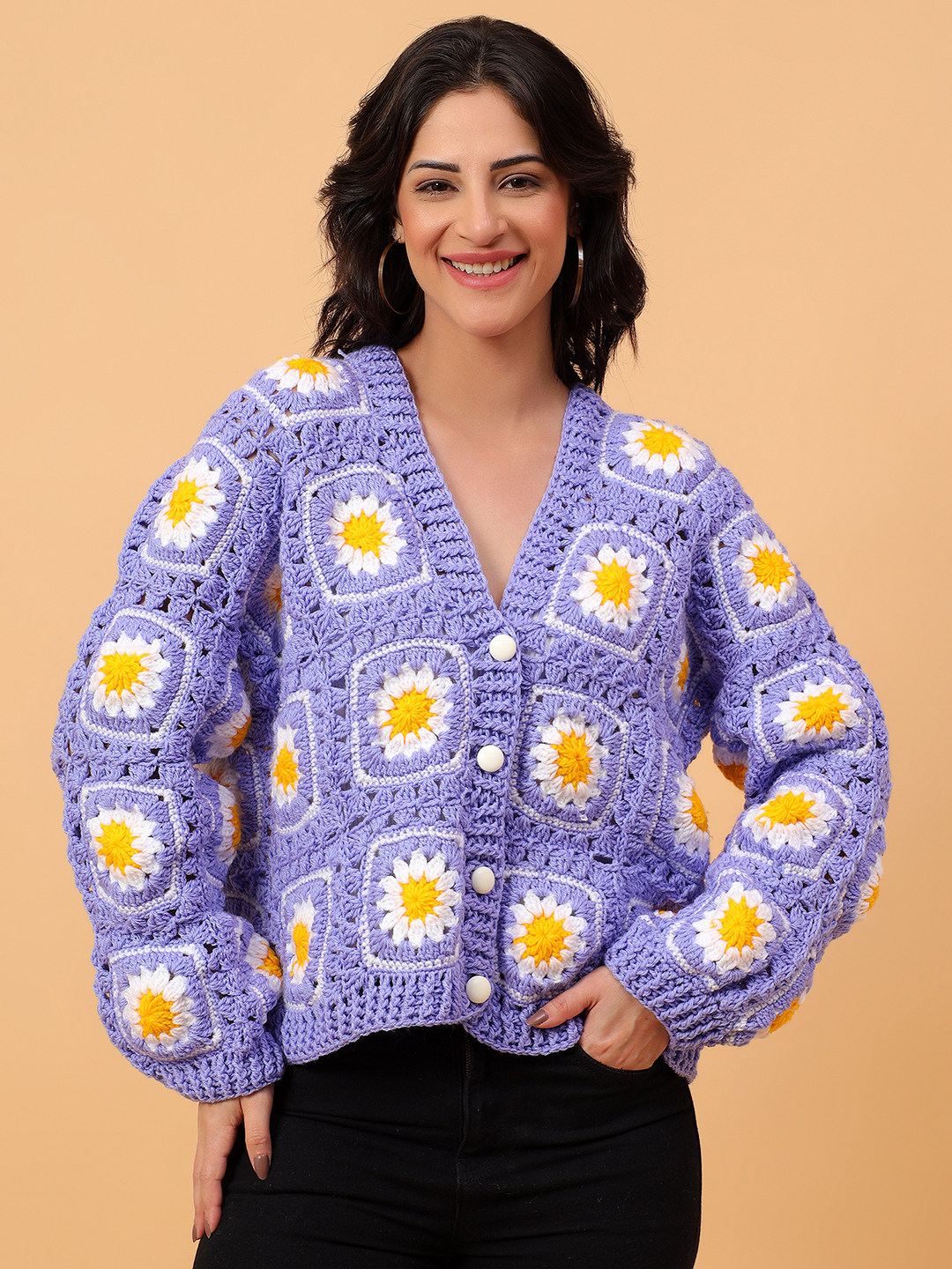 Daisy Floral Crochet V-Neck Cardigan - Purple