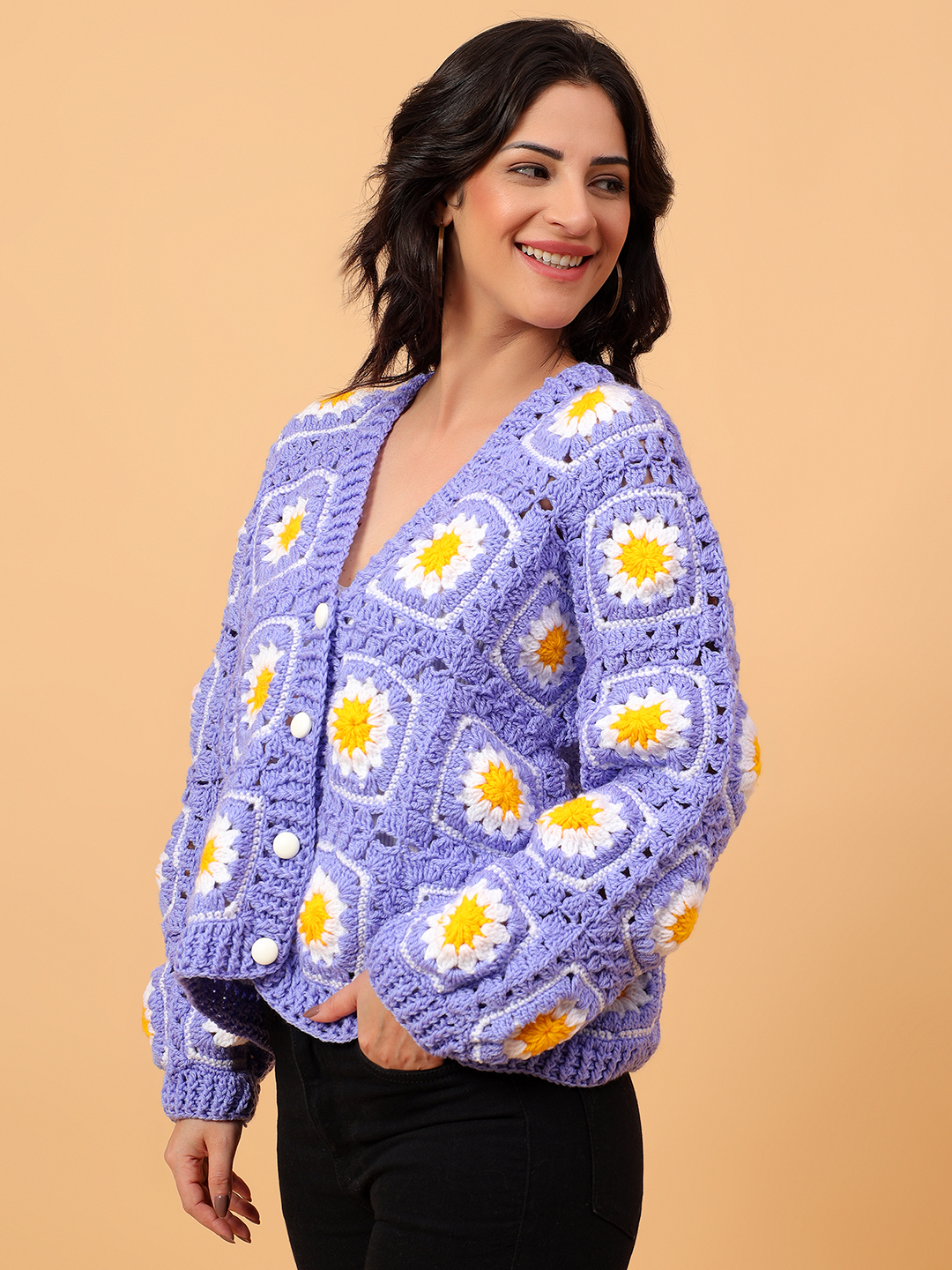 Daisy Floral Crochet V-Neck Cardigan - Purple
