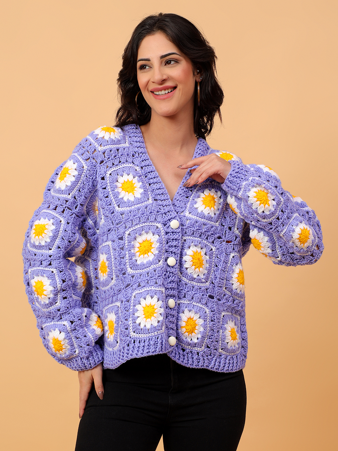 Daisy Floral Crochet V-Neck Cardigan - Purple