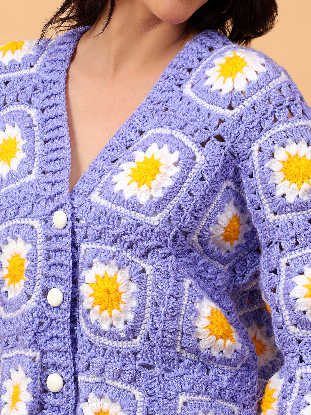 Daisy Floral Crochet V-Neck Cardigan - Purple