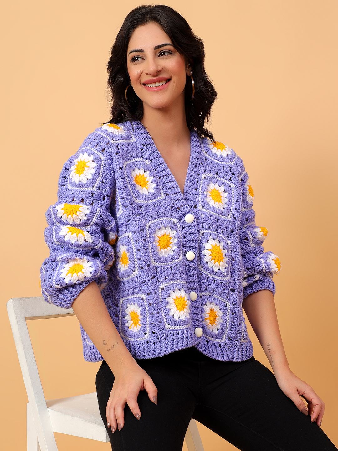 Daisy Floral Crochet V-Neck Cardigan - Purple
