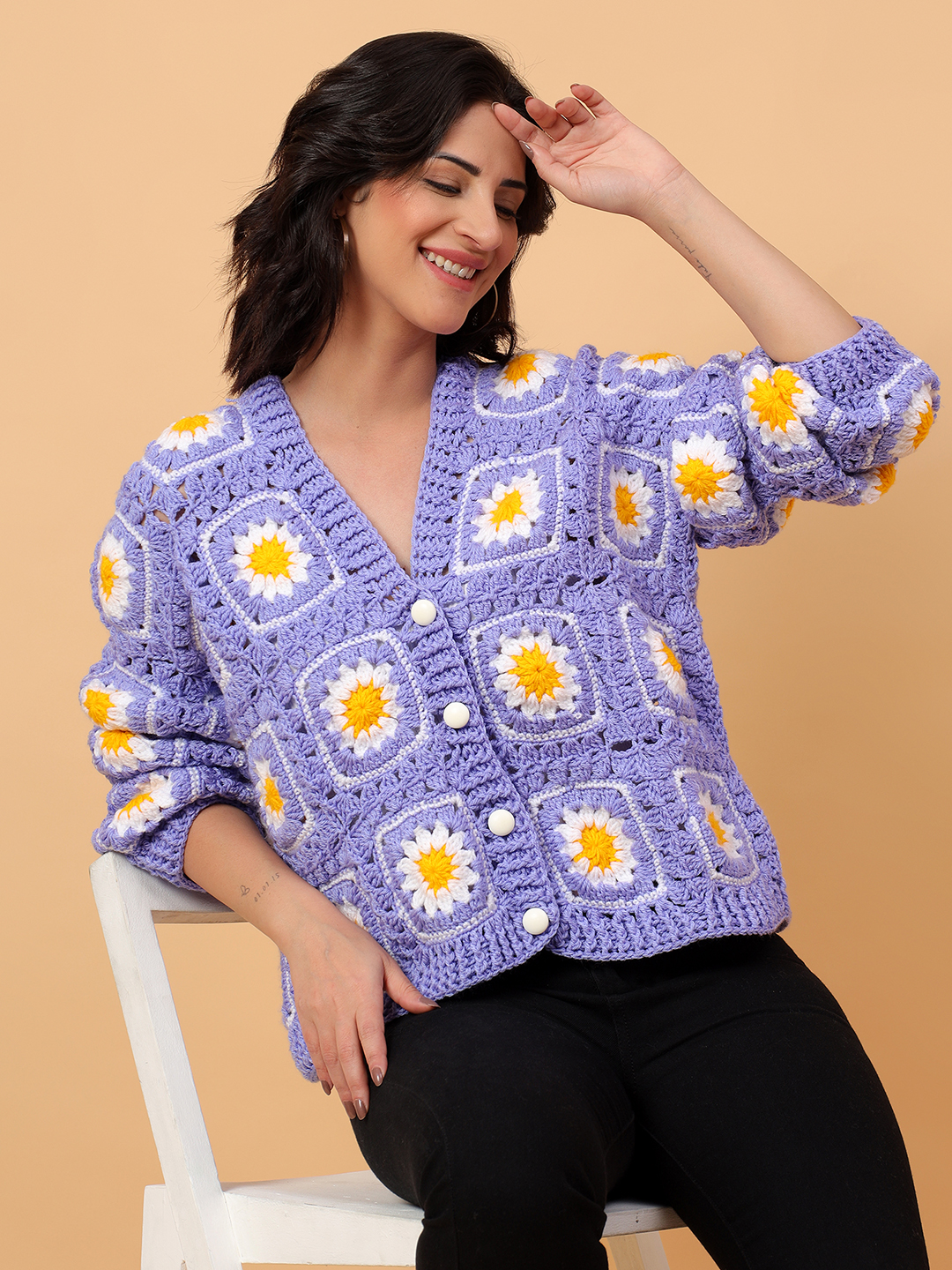 Daisy Floral Crochet V-Neck Cardigan - Purple