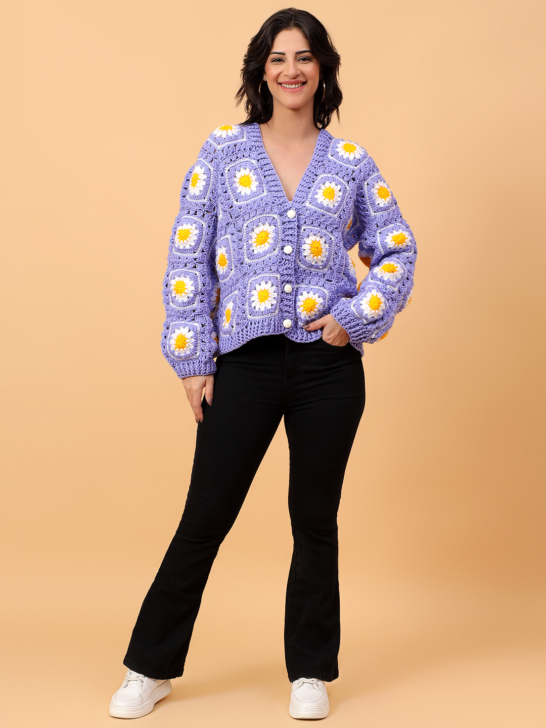 Daisy Floral Crochet V-Neck Cardigan - Purple