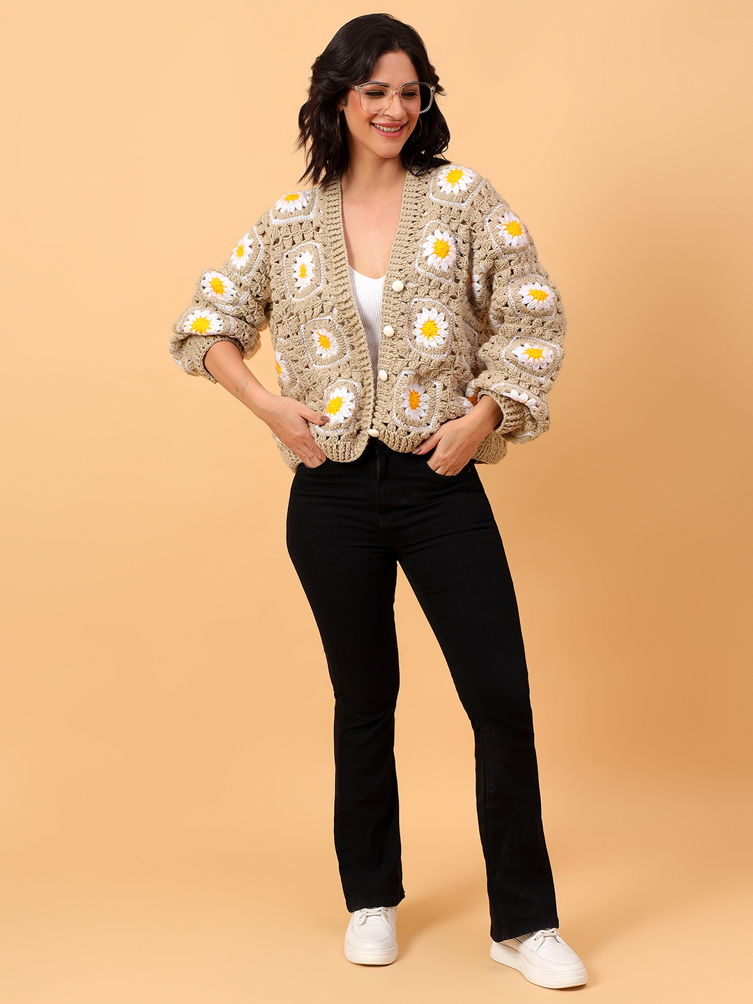 Daisy Floral Crochet V-Neck Cardigan - Beige