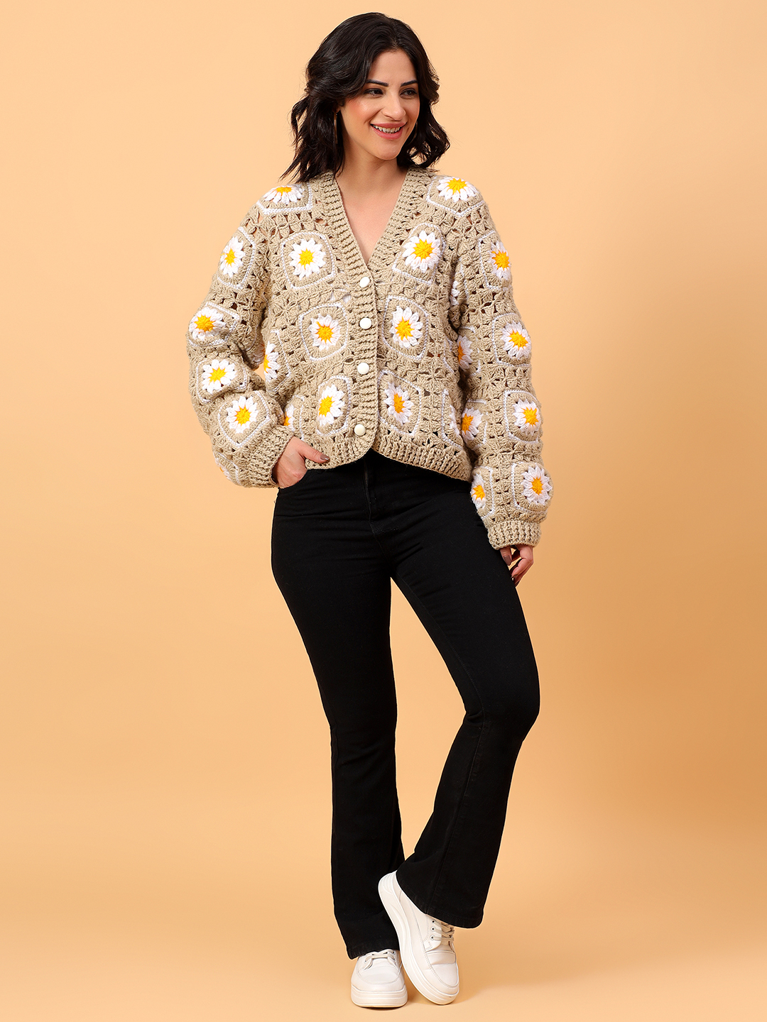 Daisy Floral Crochet V-Neck Cardigan - Beige