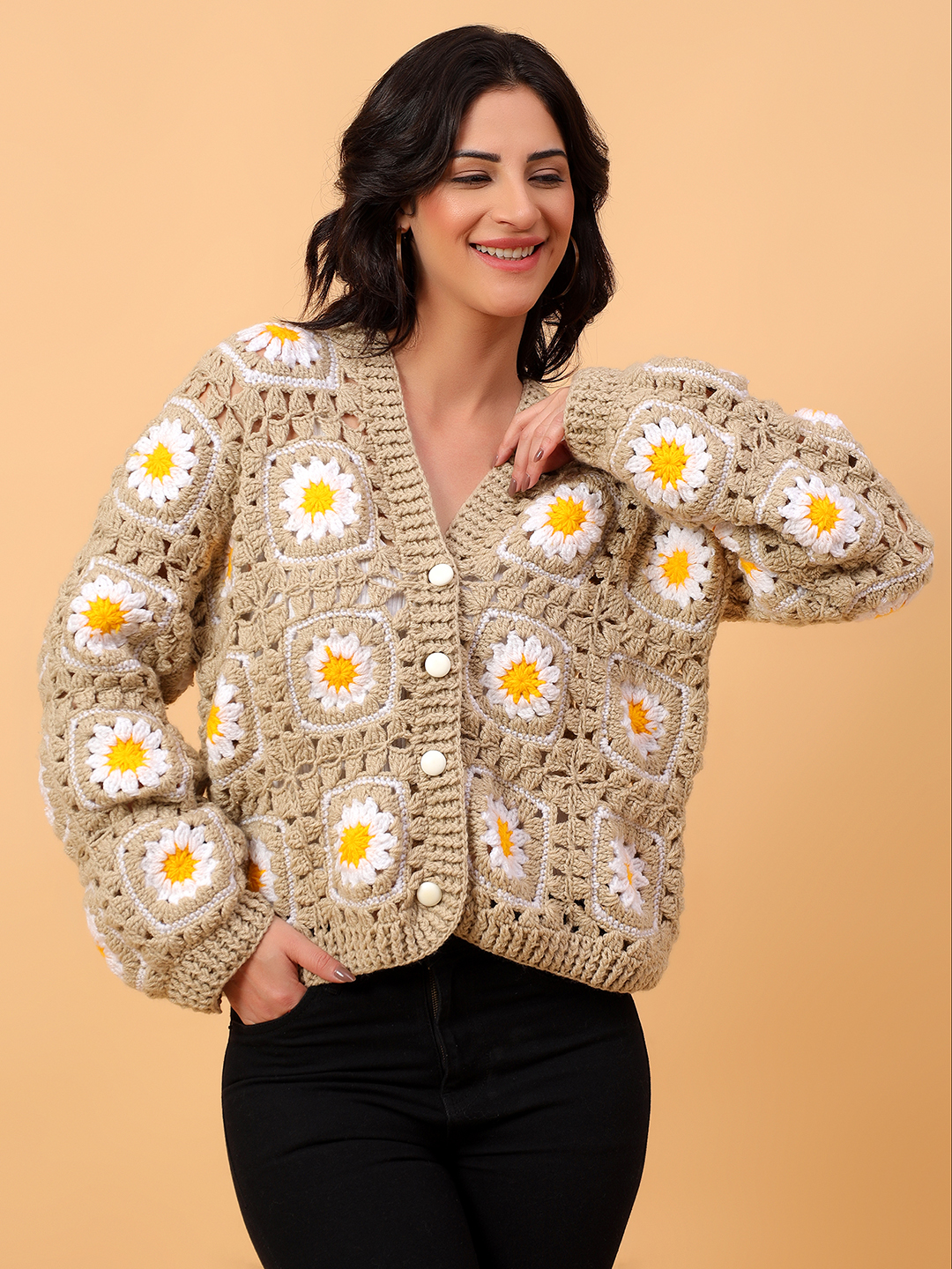 Daisy Floral Crochet V-Neck Cardigan - Beige
