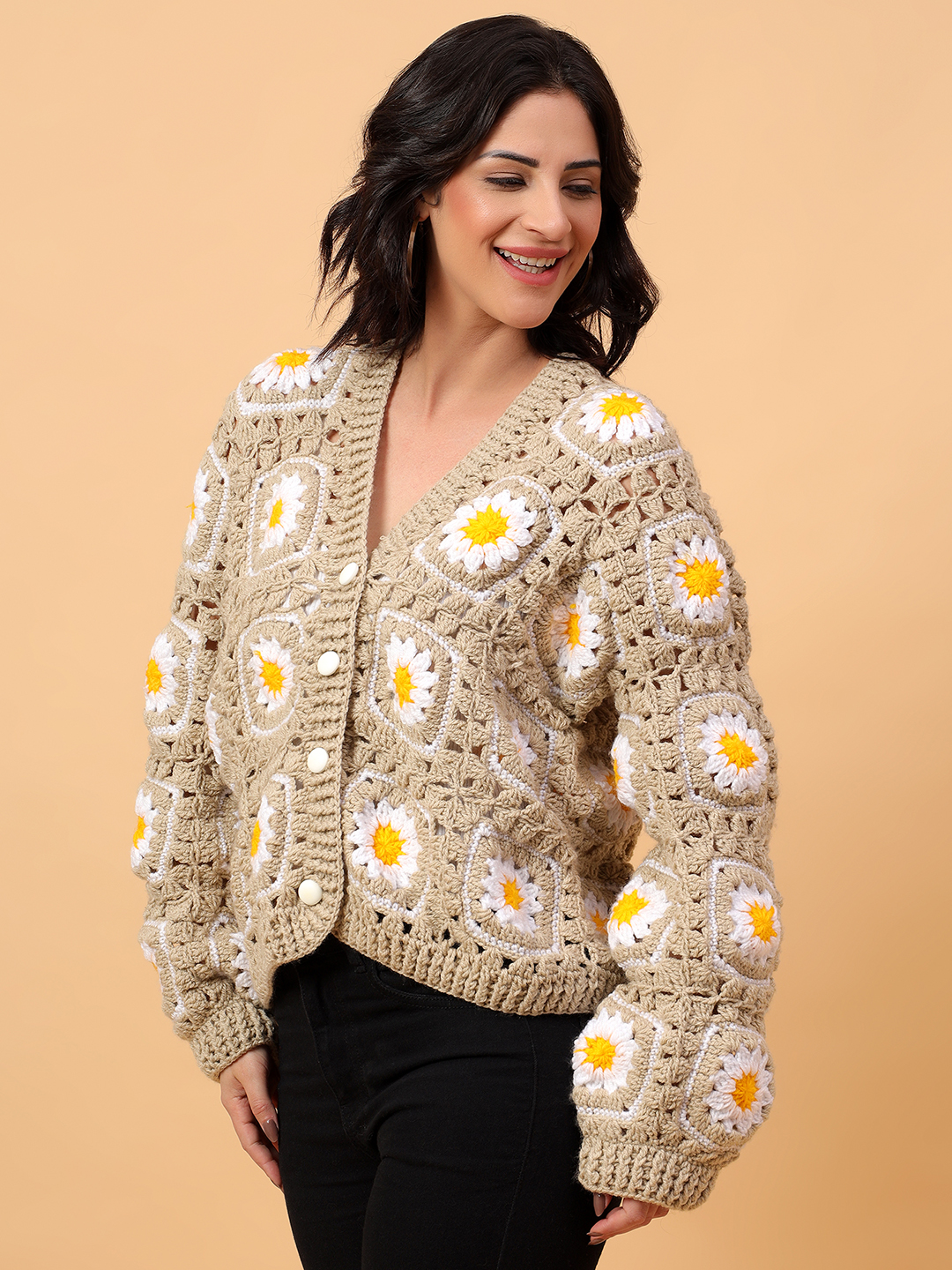 Daisy Floral Crochet V-Neck Cardigan - Beige