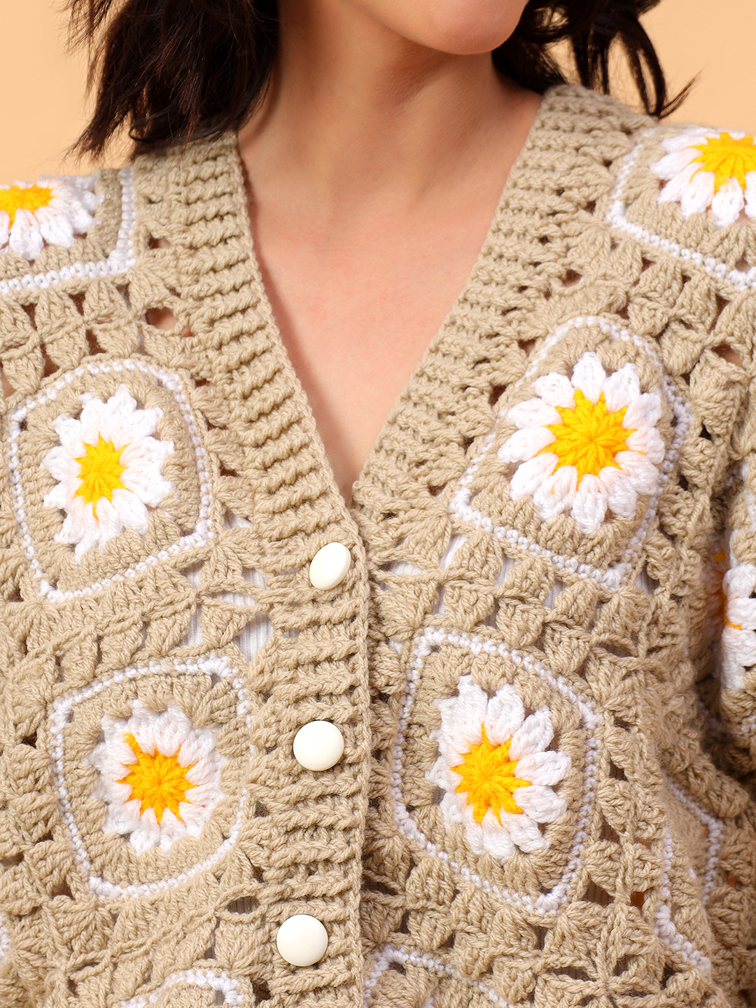 Daisy Floral Crochet V-Neck Cardigan - Beige