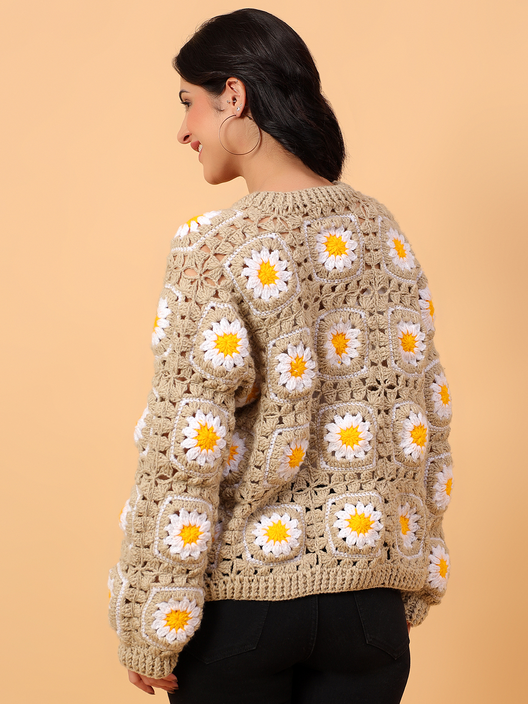 Daisy Floral Crochet V-Neck Cardigan - Beige