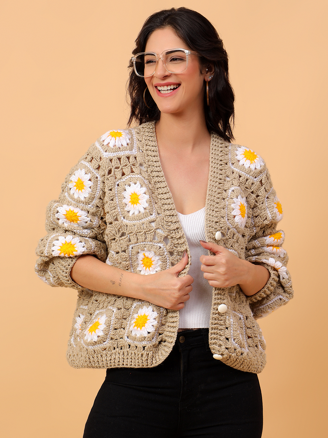 Daisy Floral Crochet V-Neck Cardigan - Beige