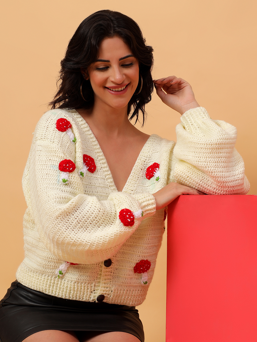 Mushroom Oversized Cardigan for Women - Cream