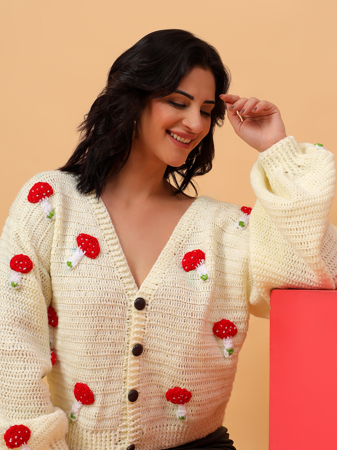 Mushroom Oversized Cardigan for Women - Cream