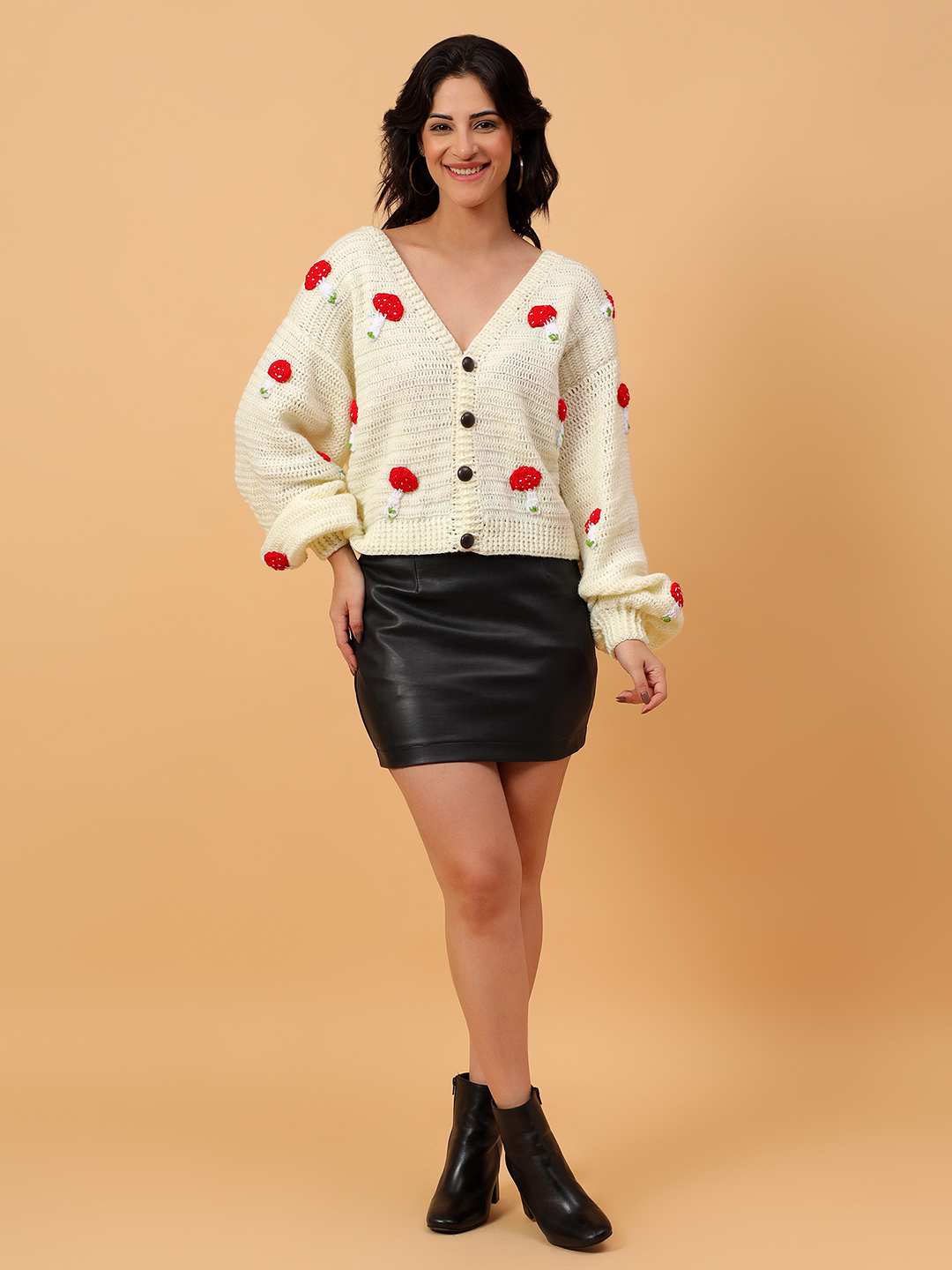 Mushroom Oversized Cardigan for Women - Cream