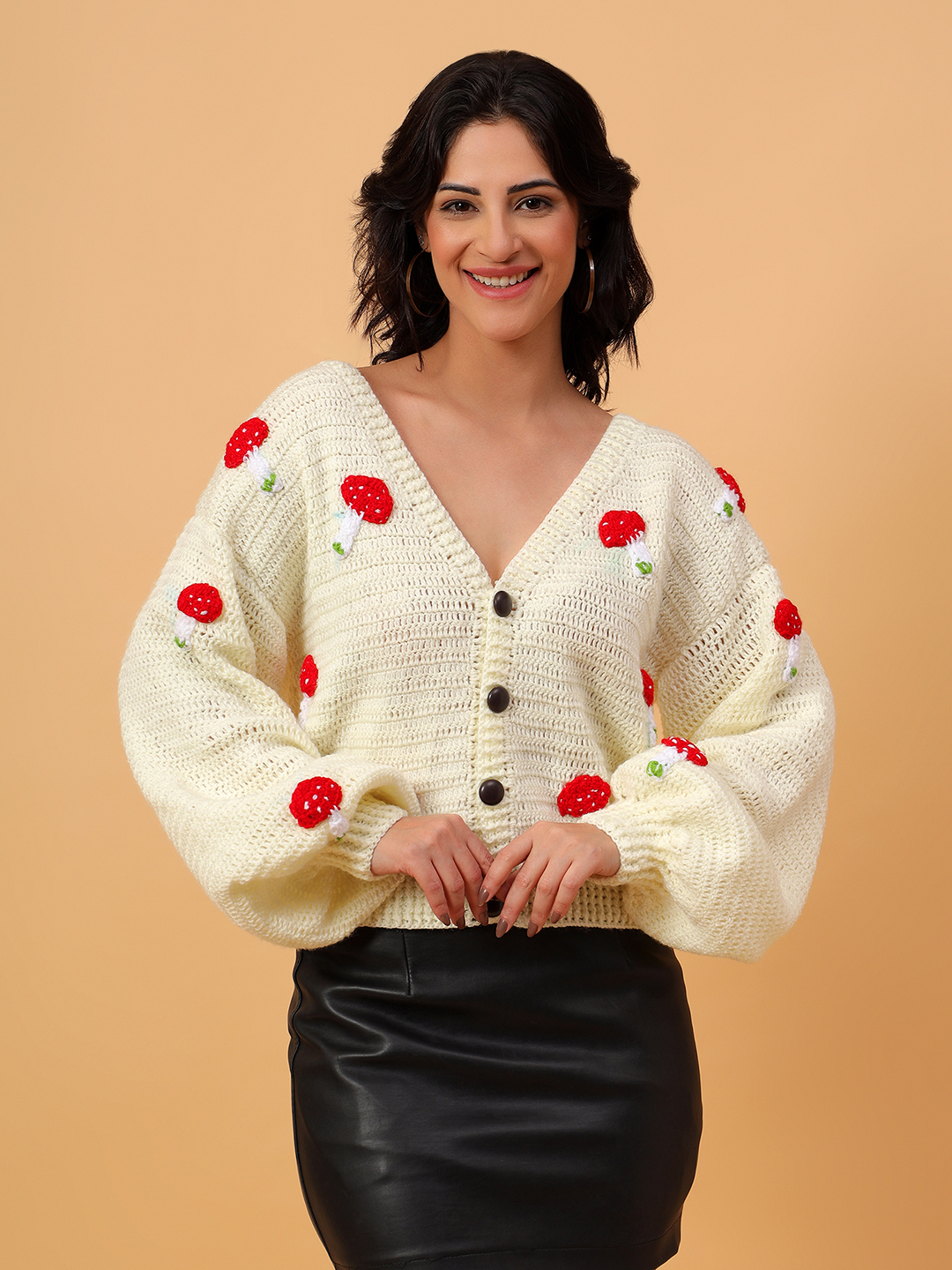 Mushroom Oversized Cardigan for Women - Cream
