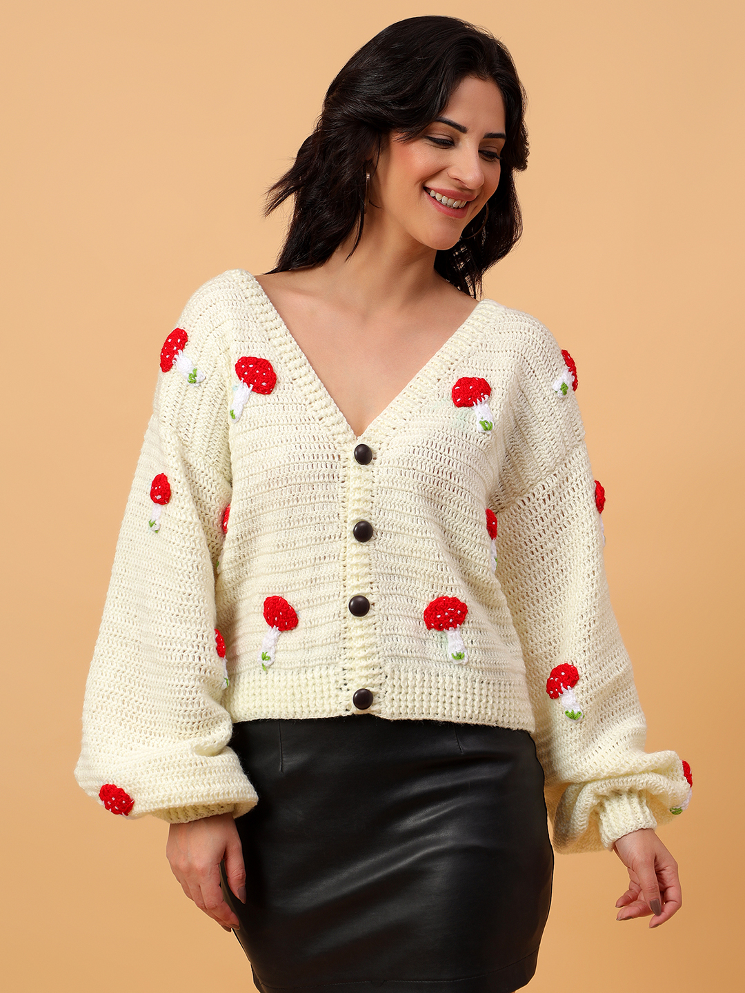 Mushroom Oversized Cardigan for Women - Cream