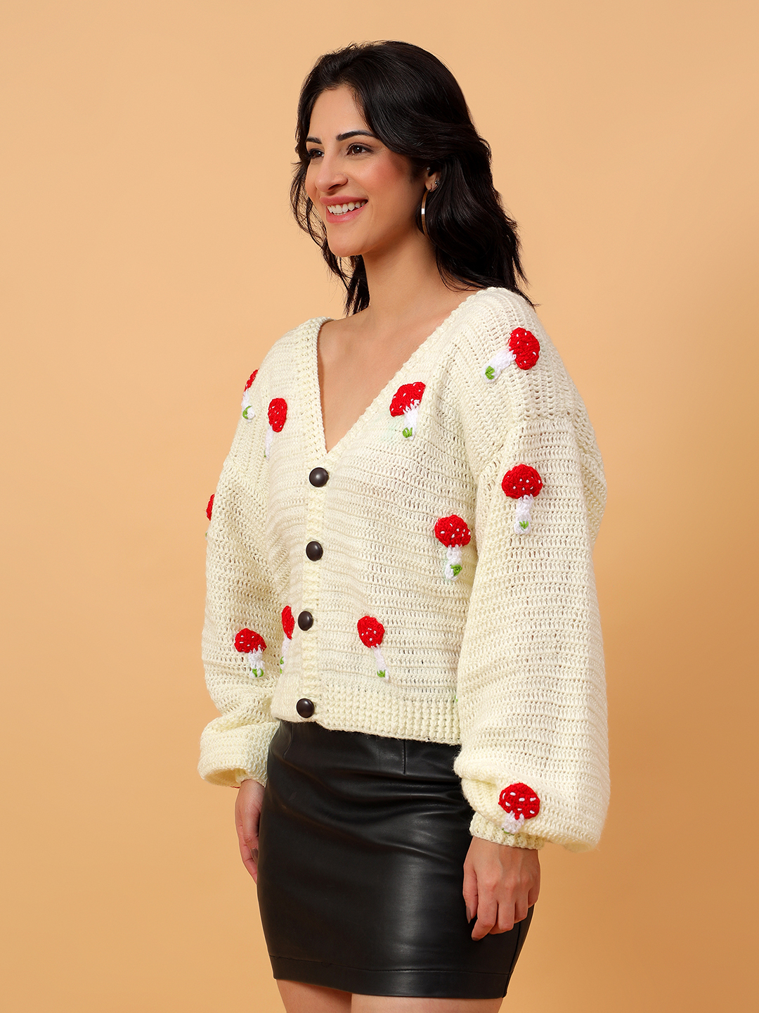 Mushroom Oversized Cardigan for Women - Cream